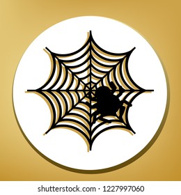 Spider on web illustration. Vector. Black icon with light brown shadow in white circle with shaped ring at golden background.