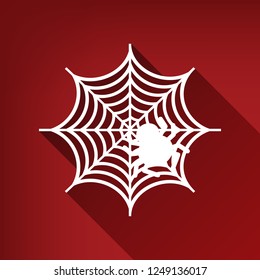 Spider on web illustration. Vector. White icon with limitless shadow at ruby red background.