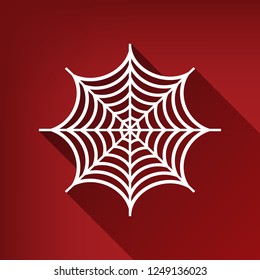 Spider on web illustration. Vector. White icon with limitless shadow at ruby red background.