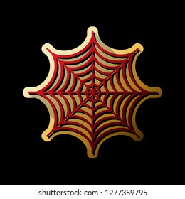 Spider on web illustration. Vector. Red icon with small black and limitless shadows at golden sticker on black background.