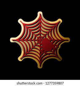 Spider on web illustration. Vector. Red icon with small black and limitless shadows at golden sticker on black background.