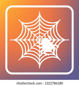 Spider on web illustration. Vector. White icon on transparent button at orange-violet gradient background.
