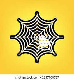 Spider on web illustration. Vector. Yellow polka dot white icon with black contour at warm yellow background.