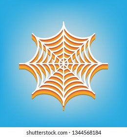 Spider on web illustration. Vector. White icon with 3d warm-colored gradient body at sky blue background.