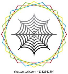 Spider on web illustration. Vector. Black icon with patch of light inside colorful hexagonal frames at white background.