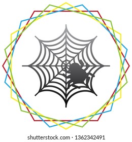 Spider on web illustration. Vector. Black icon with patch of light inside colorful hexagonal frames at white background.