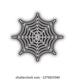 Spider on web illustration. Vector. Double contour black icon with soft shadow at white background. Isolated.