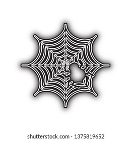 Spider on web illustration. Vector. Double contour black icon with soft shadow at white background. Isolated.