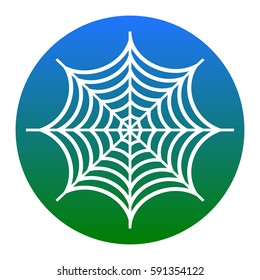 Spider on web illustration. Vector. White icon in bluish circle on white background. Isolated.