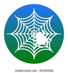 Spider on web illustration Vector. White icon in bluish circle on white background. Isolated.