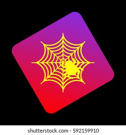 Spider on web illustration Vector. Yellow icon at violet-red gradient square with rounded corners rotated for dynamics on black background.