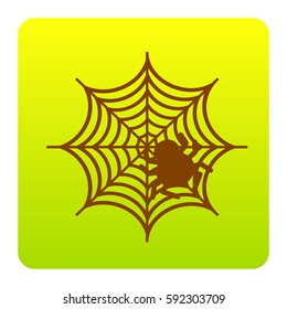 Spider on web illustration Vector. Brown icon at green-yellow gradient square with rounded corners on white background. Isolated.