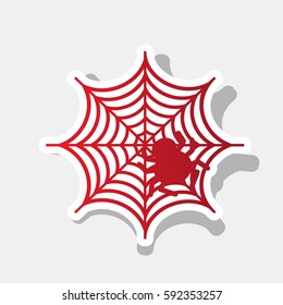 Spider on web illustration Vector. New year reddish icon with outside stroke and gray shadow on light gray background.