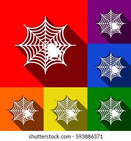 Spider on web illustration Vector. Set of icons with flat shadows at red, orange, yellow, green, blue and violet background.