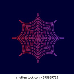 Spider on web illustration. Vector. Line icon with gradient from red to violet colors on dark blue background.
