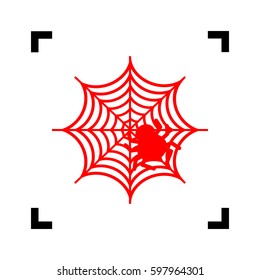 Spider on web illustration Vector. Red icon inside black focus corners on white background. Isolated.