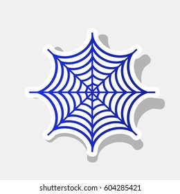 Spider on web illustration. Vector. New year bluish icon with outside stroke and gray shadow on light gray background.
