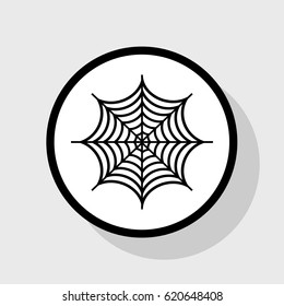 Spider on web illustration. Vector. Flat black icon in white circle with shadow at gray background.
