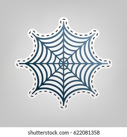 Spider on web illustration. Vector. Blue icon with outline for cutting out at gray background.