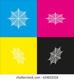 Spider on web illustration. Vector. White icon with isometric projections on cyan, magenta, yellow and black backgrounds.