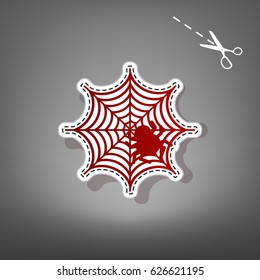 Spider on web illustration. Vector. Red icon with for applique from paper with shadow on gray background with scissors.