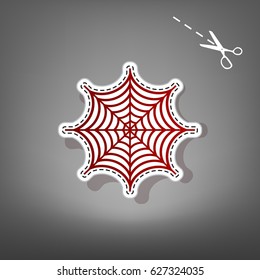 Spider on web illustration. Vector. Red icon with for applique from paper with shadow on gray background with scissors.