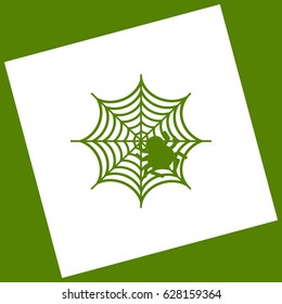 Spider on web illustration. Vector. White icon obtained as a result of subtraction rotated square and path. Avocado background.