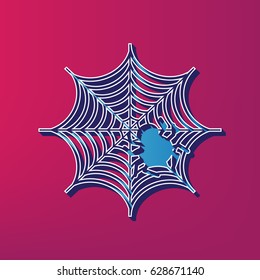Spider on web illustration. Vector. Blue 3d printed icon on magenta background.
