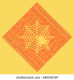 Spider on web illustration. Vector. Red scribble icon obtained as a result of subtraction rhomb and path. Royal yellow background.