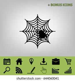 Spider on web illustration. Vector. Black icon at gray background with bonus icons 