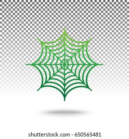 Spider on web illustration. Vector. Green gradient icon with shadow at bottom on transparent and white background.