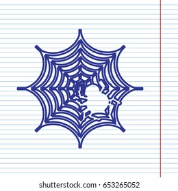 Spider on web illustration. Vector. Navy line icon on notebook paper as background with red line for field.