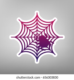 Spider on web illustration. Vector. Purple gradient icon on white paper at gray background.