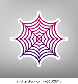 Spider on web illustration. Vector. Purple gradient icon on white paper at gray background.