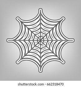 Spider on web illustration. Vector. Pencil sketch imitation. Dark gray scribble icon with dark gray outer contour at gray background.