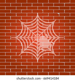 Spider on web illustration. Vector. Whitish icon on brick wall as background.