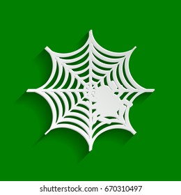 Spider on web illustration. Vector. Paper whitish icon with soft shadow on green background.