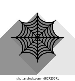 Spider on web illustration. Vector. Black icon with two flat gray shadows on white background.
