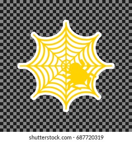 Spider on web illustration. Vector. Yellow icon with white contour on dark transparent background.