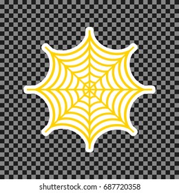 Spider on web illustration. Vector. Yellow icon with white contour on dark transparent background.