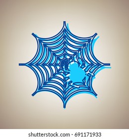 Spider on web illustration. Vector. Sky blue icon with defected blue contour on beige background.