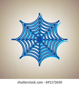 Spider on web illustration. Vector. Sky blue icon with blue contour on beige background.