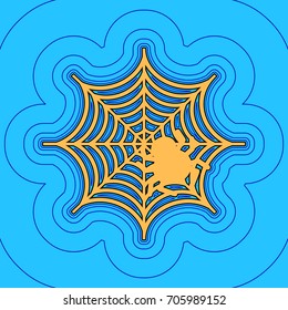 Spider on web illustration. Vector. Sand color icon with black contour and equidistant blue contours like field at sky blue background. Like waves on map - island in ocean or sea.