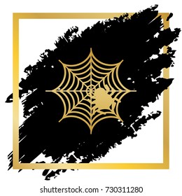 Spider on web illustration. Vector. Golden icon at black spot inside golden frame on white background.