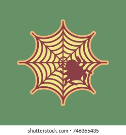 Spider on web illustration. Vector. Cordovan icon and mellow apricot halo with light khaki filled space at russian green background.