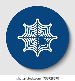Spider on web illustration. Vector. White contour icon in dark cerulean circle at white background. Isolated.