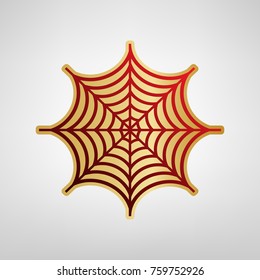Spider on web illustration. Vector. Red icon on gold sticker at light gray background.