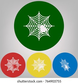 Spider on web illustration. Vector. 4 white styles of icon at 4 colored circles on light gray background.