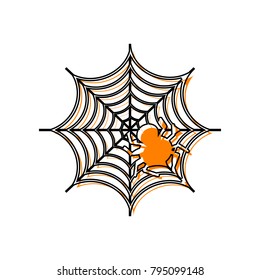 Spider on web illustration. Vector. Black line icon with shifted flat orange filled icon on white background. Isolated.