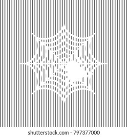 Spider on web illustration. Vector. White icon on grayish striped background. Optical illusion.